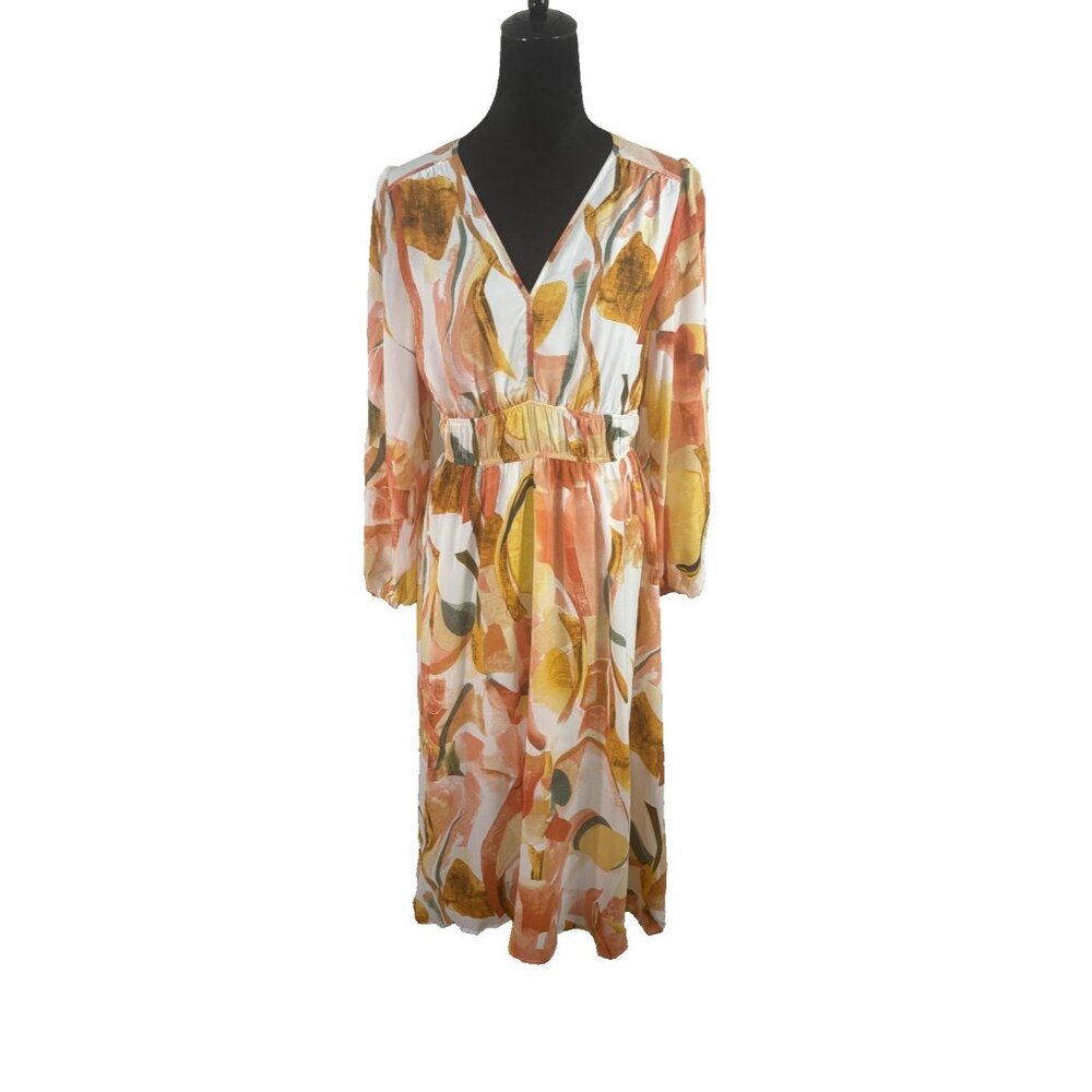 Pretty Garder Long Sleeve Midi Dress,Elastic Waist & V-Neckline Empire Waist, M